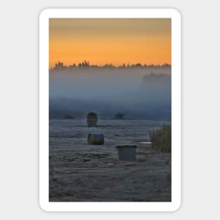 Orange sky Foggy morning  farming landscape Sticker